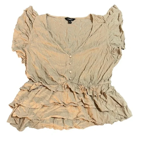 EXPRESS Metallic Beige Tiered Button Front Top - Small - Picture 2 of 2